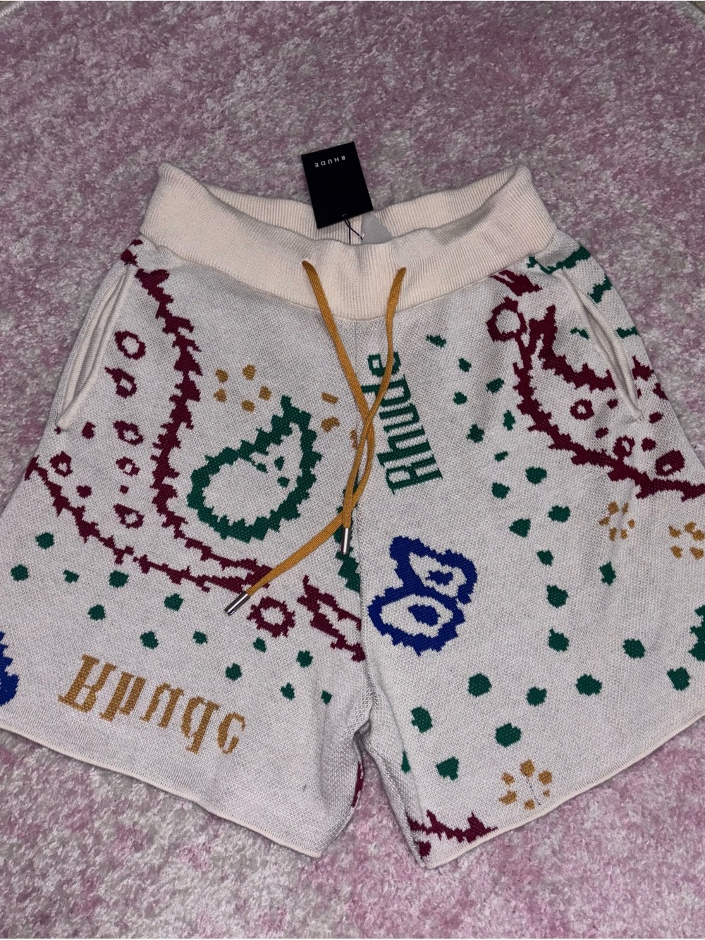 Rhude Cream Bandana-Print Knit Athletic Shorts with Multicolor Accents